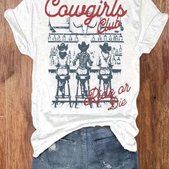 WESTERN White Cowgirls Club Graphic Print Tee Shirt Crewneck Short Sleeve - Picture 2 of 7